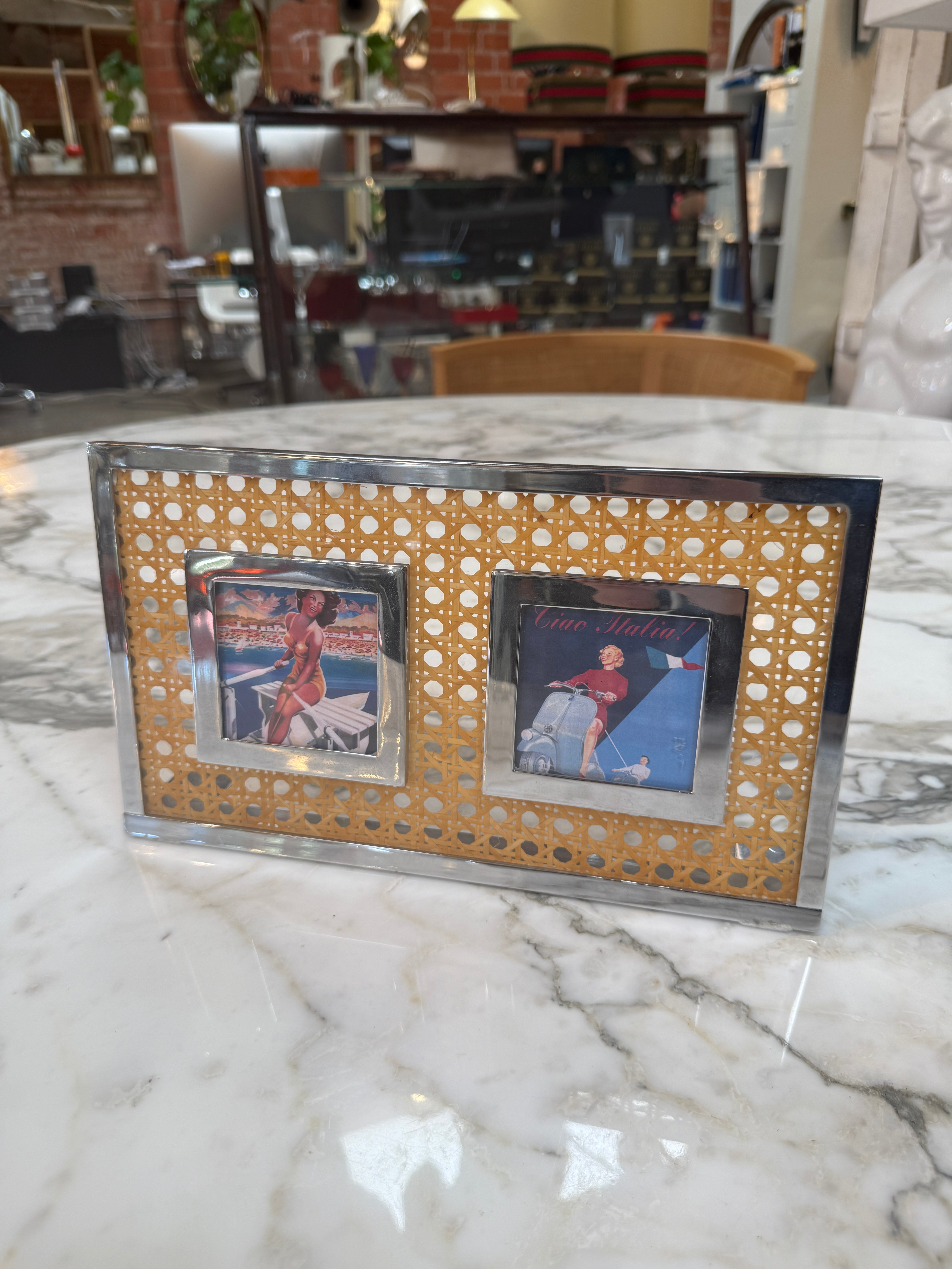 Vintage Chrome & Cane Double Photo Frame