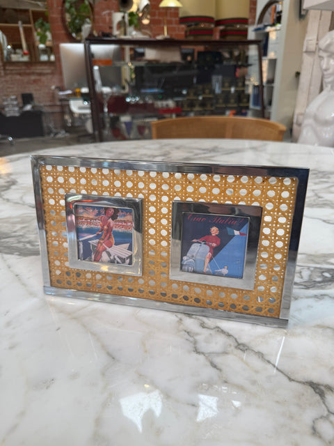 Vintage Chrome & Cane Double Photo Frame