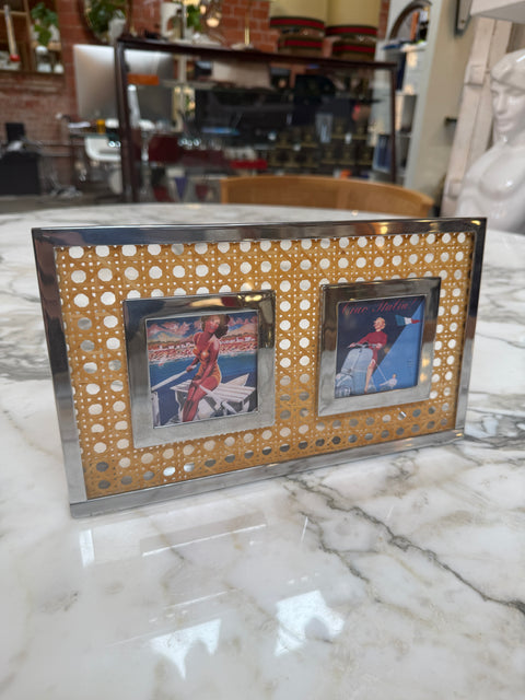 Vintage Chrome & Cane Double Photo Frame