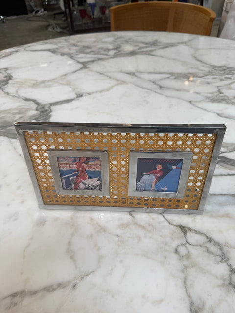 Vintage Chrome & Cane Double Photo Frame