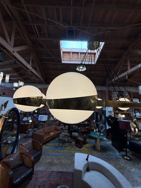 Large Stilnovo Ten-Light Brass and Opaline Chandelier, Italy, circa 1960s