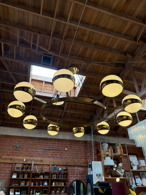 Large Stilnovo Ten-Light Brass and Opaline Chandelier, Italy, circa 1960s