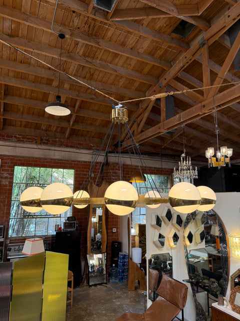 Large Stilnovo Ten-Light Brass and Opaline Chandelier, Italy, circa 1960s