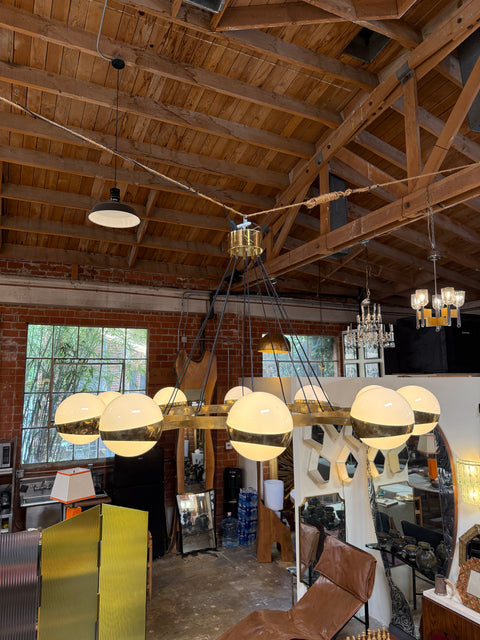 Large Stilnovo Ten-Light Brass and Opaline Chandelier, Italy, circa 1960s