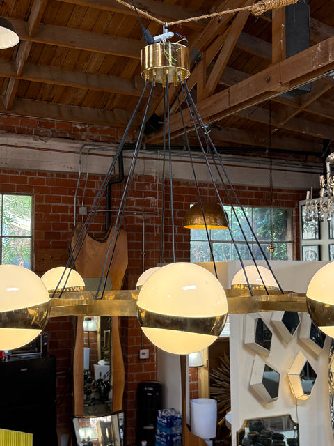 Large Stilnovo Ten-Light Brass and Opaline Chandelier, Italy, circa 1960s