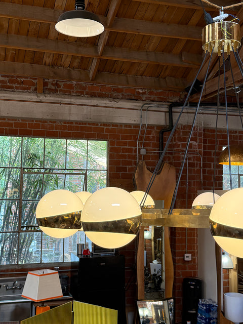 Large Stilnovo Ten-Light Brass and Opaline Chandelier, Italy, circa 1960s