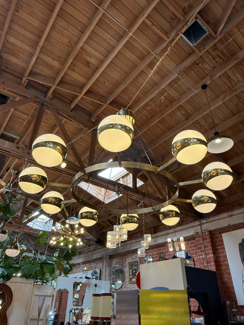 Large Stilnovo Ten-Light Brass and Opaline Chandelier, Italy, circa 1960s