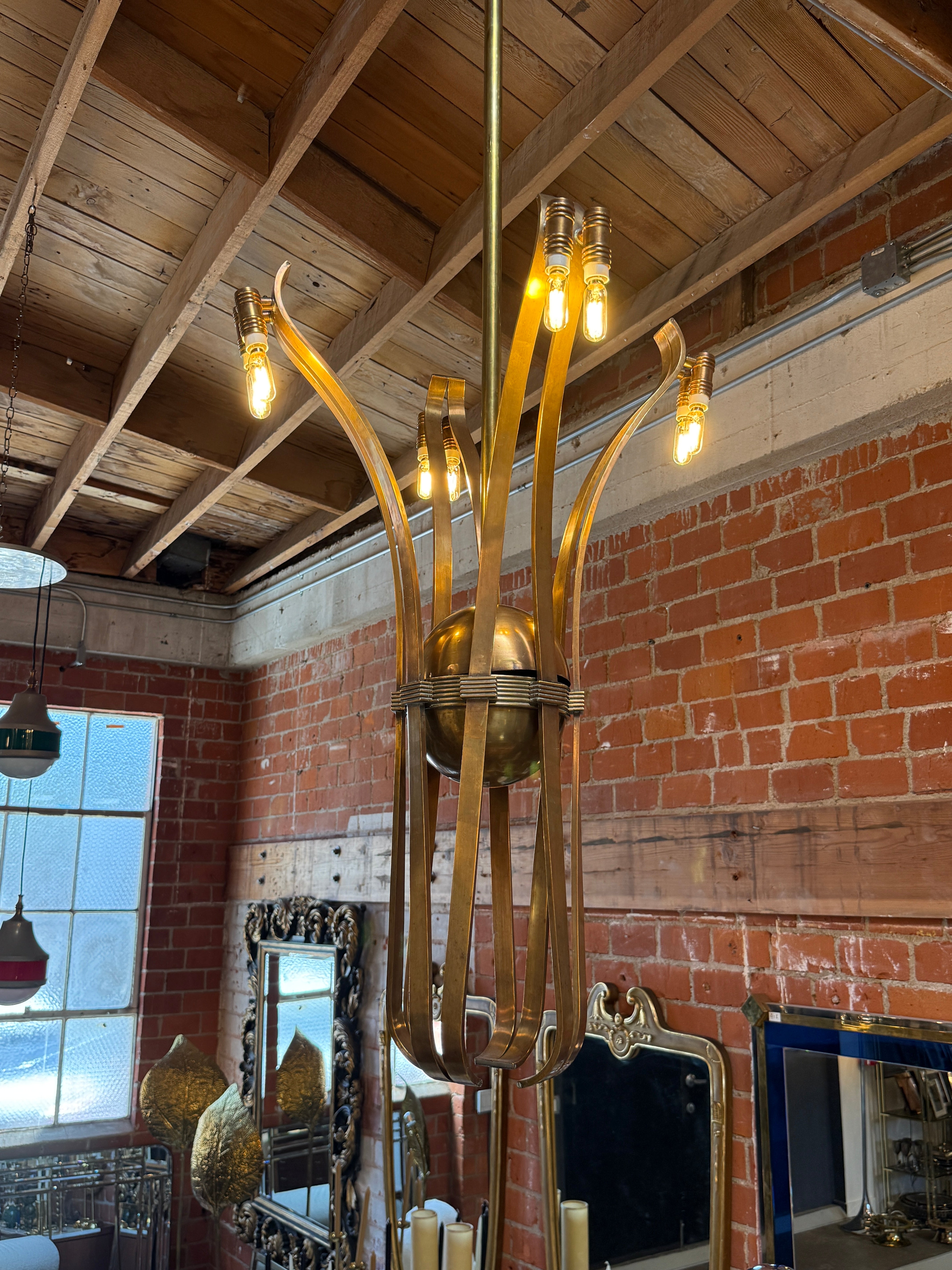 Solid Brass Sculptural Chandelier in Style of Guglielmo Ulrich,circa 1970s