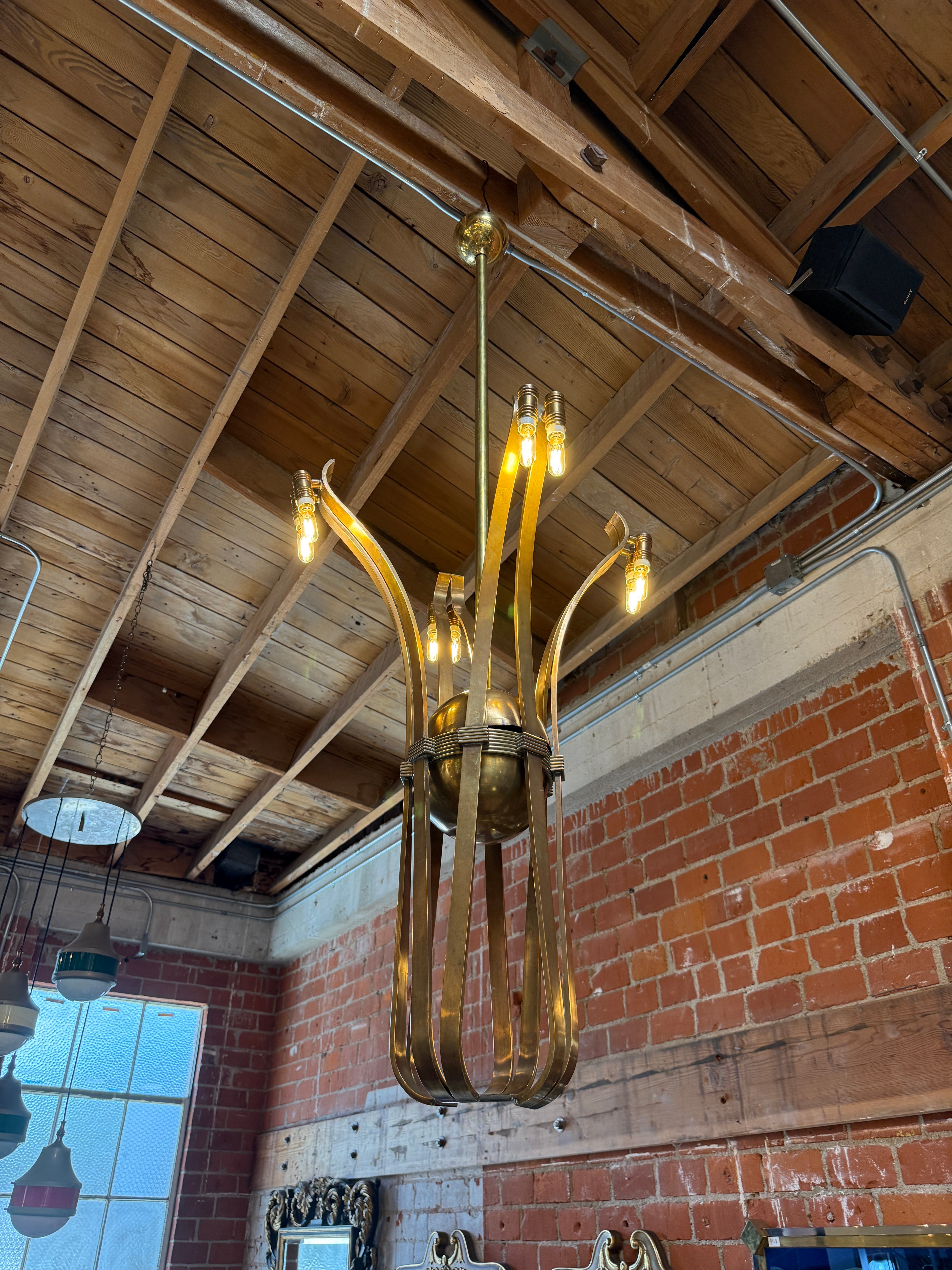 Solid Brass Sculptural Chandelier in Style of Guglielmo Ulrich,circa 1970s