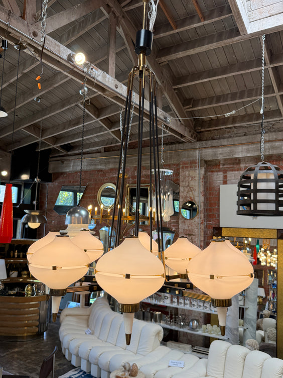 Vintage Opaline Glass Chandelier with Brass & Black Accents