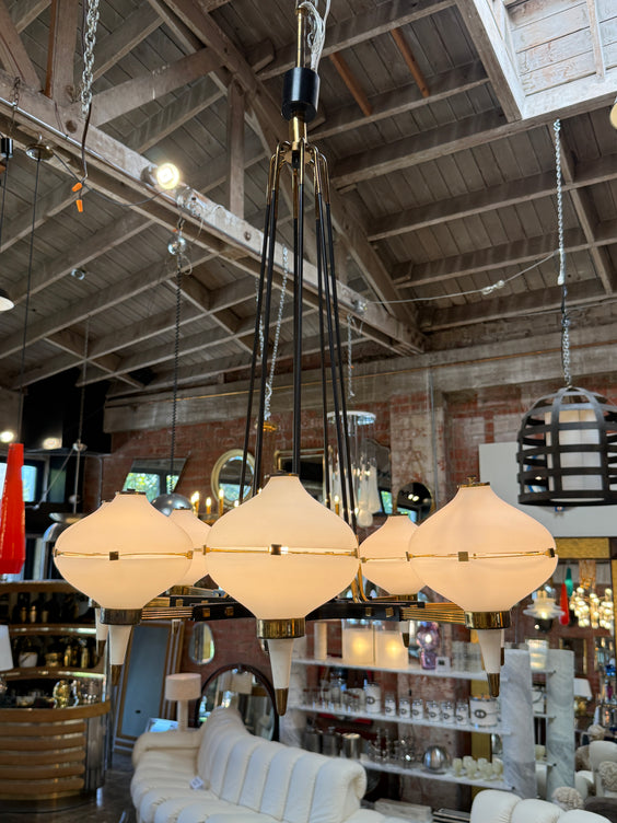 Vintage Opaline Glass Chandelier with Brass & Black Accents