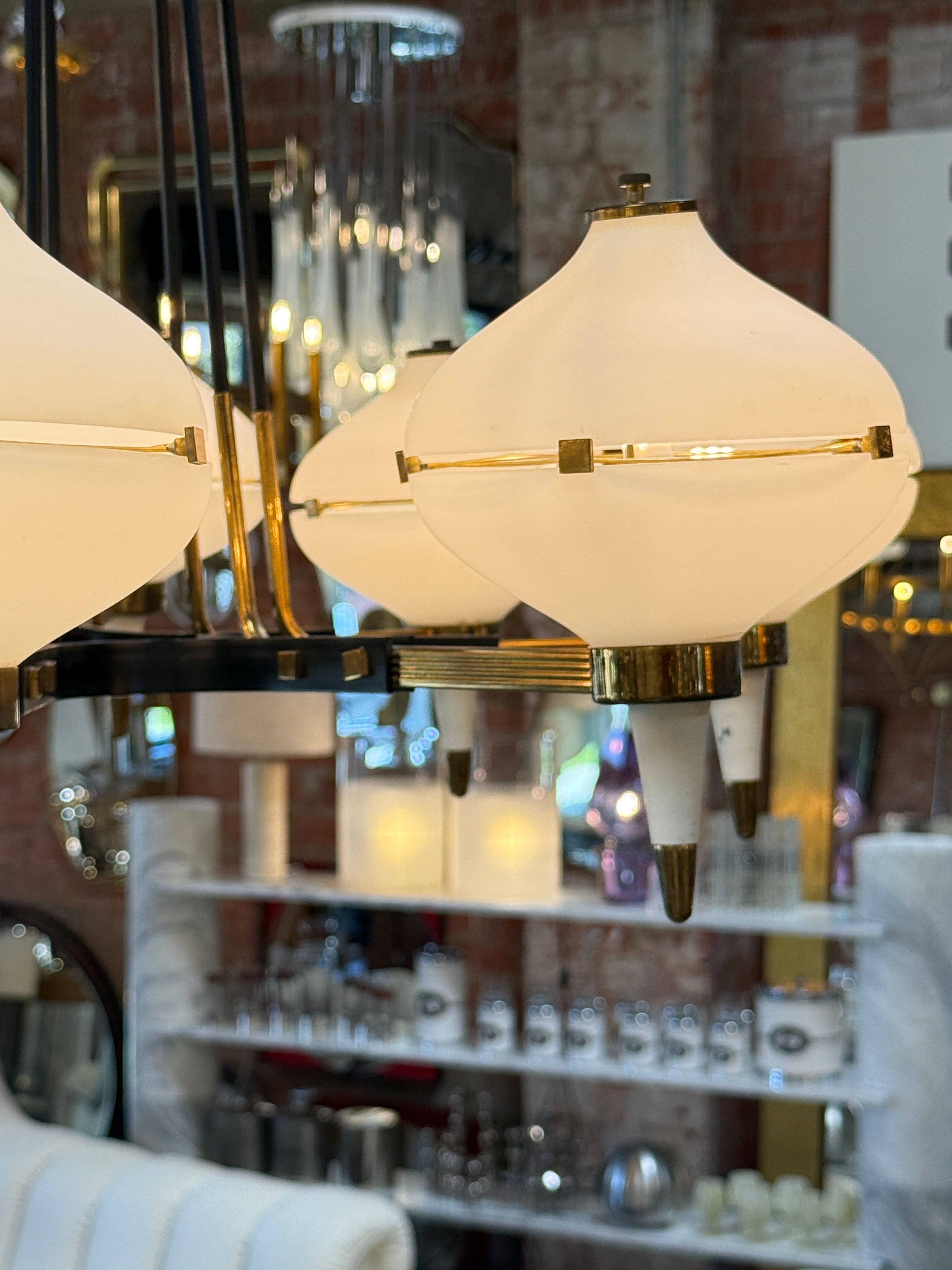Vintage Opaline Glass Chandelier with Brass & Black Accents