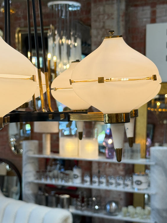 Vintage Opaline Glass Chandelier with Brass & Black Accents