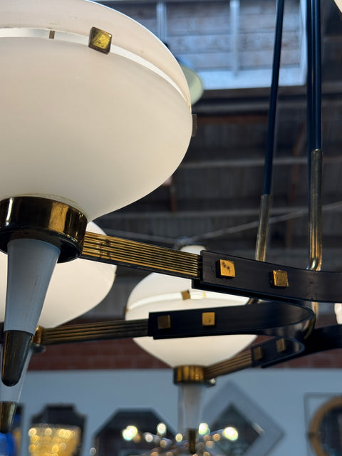 Vintage Opaline Glass Chandelier with Brass & Black Accents