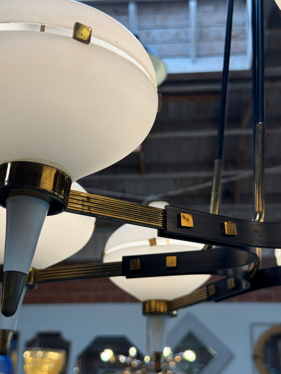 Vintage Opaline Glass Chandelier with Brass & Black Accents