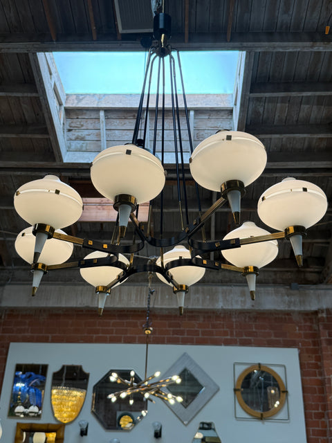 Vintage Opaline Glass Chandelier with Brass & Black Accents
