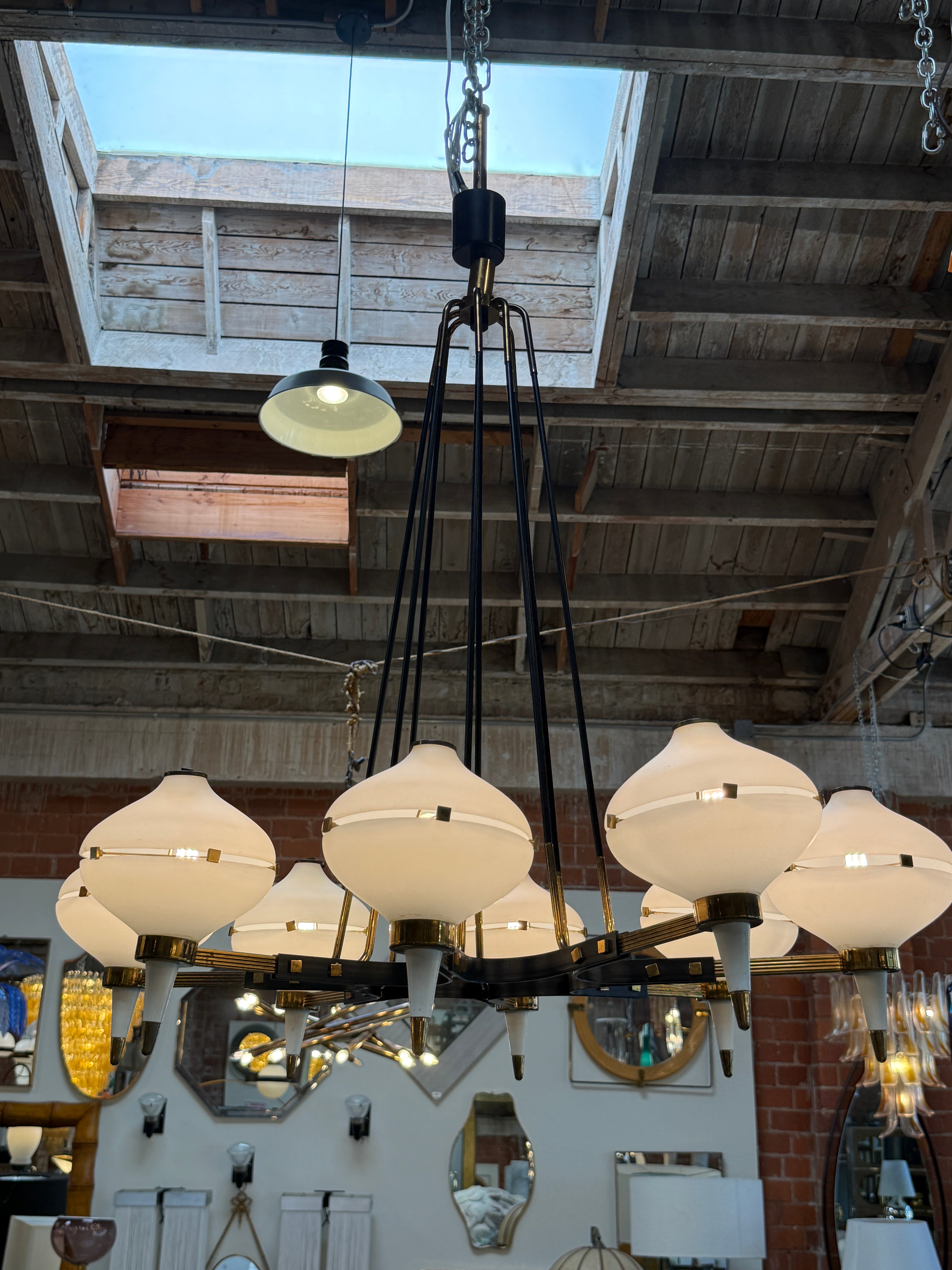 Vintage Opaline Glass Chandelier with Brass & Black Accents