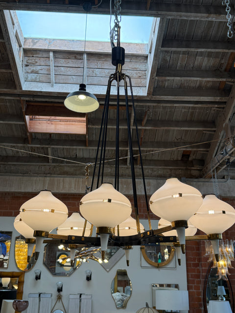 Vintage Opaline Glass Chandelier with Brass & Black Accents
