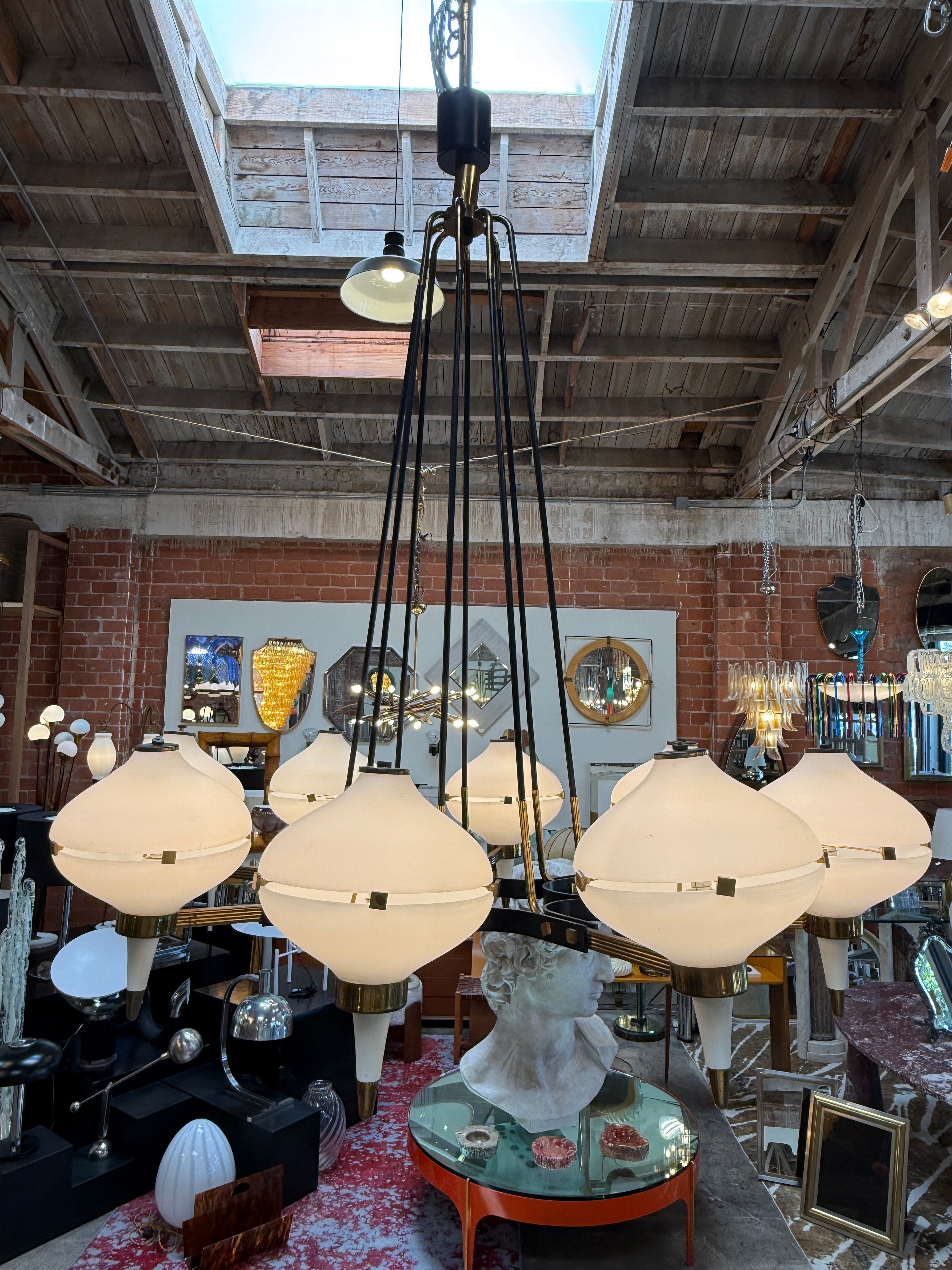 Vintage Opaline Glass Chandelier with Brass & Black Accents