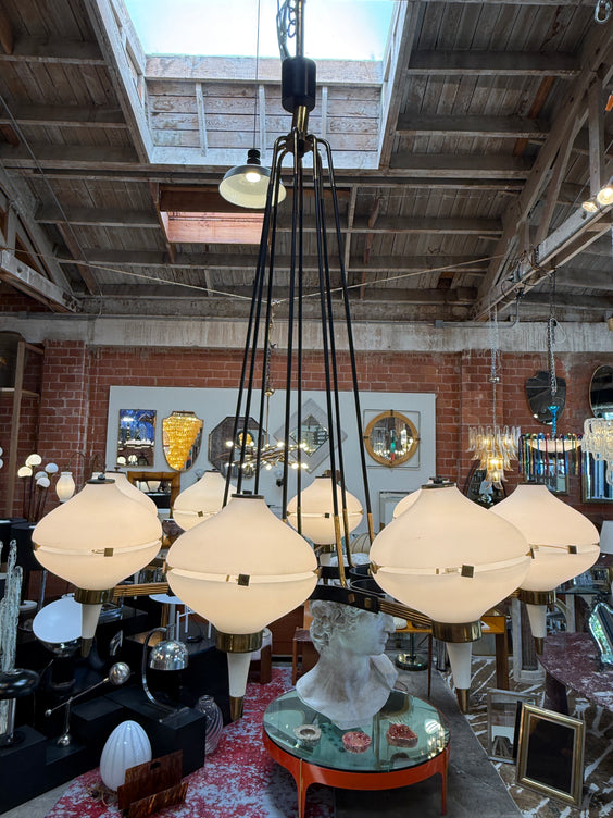 Vintage Opaline Glass Chandelier with Brass & Black Accents