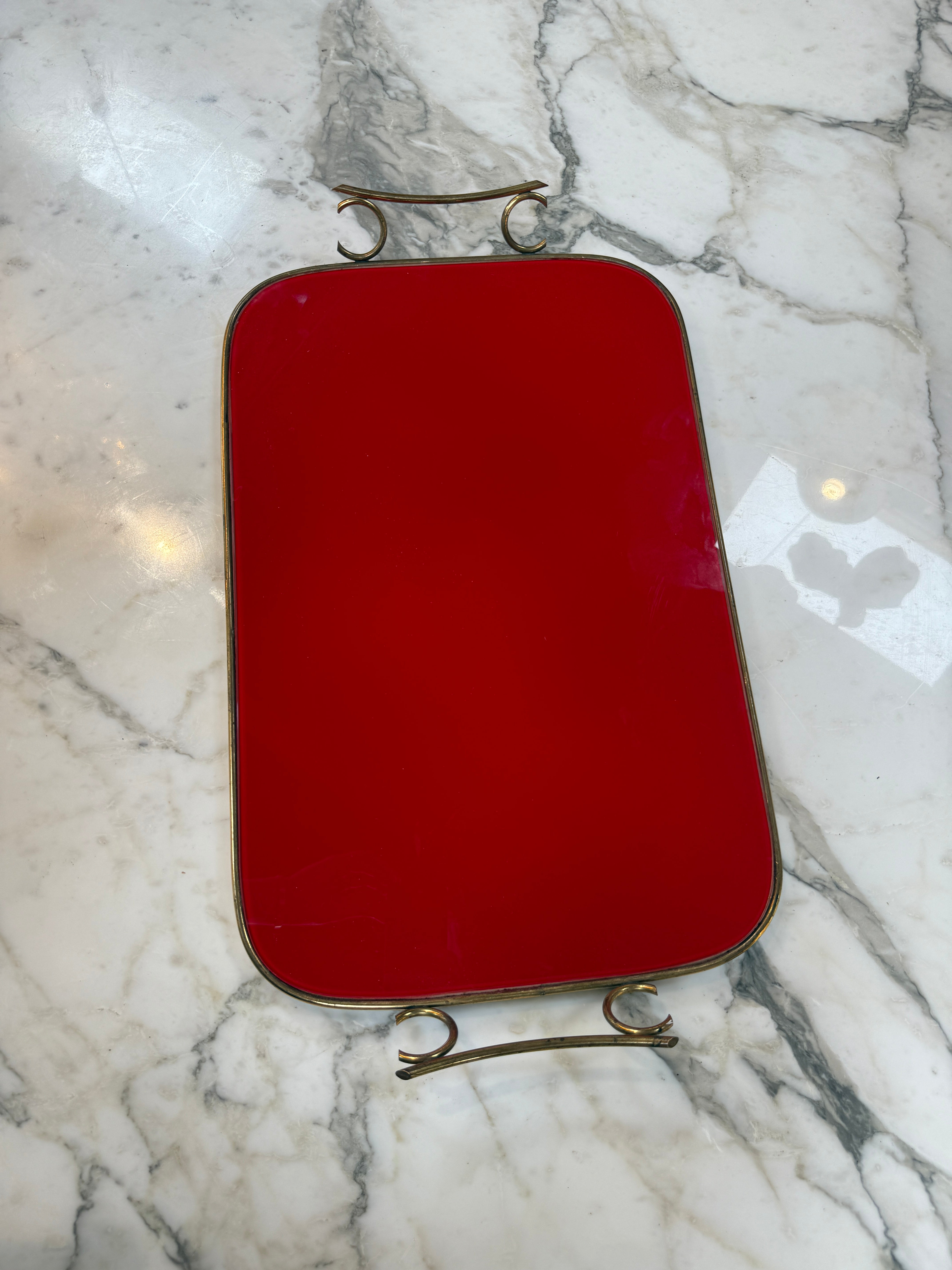 Arlecchino Milano Red Serving Tray with Brass Handles