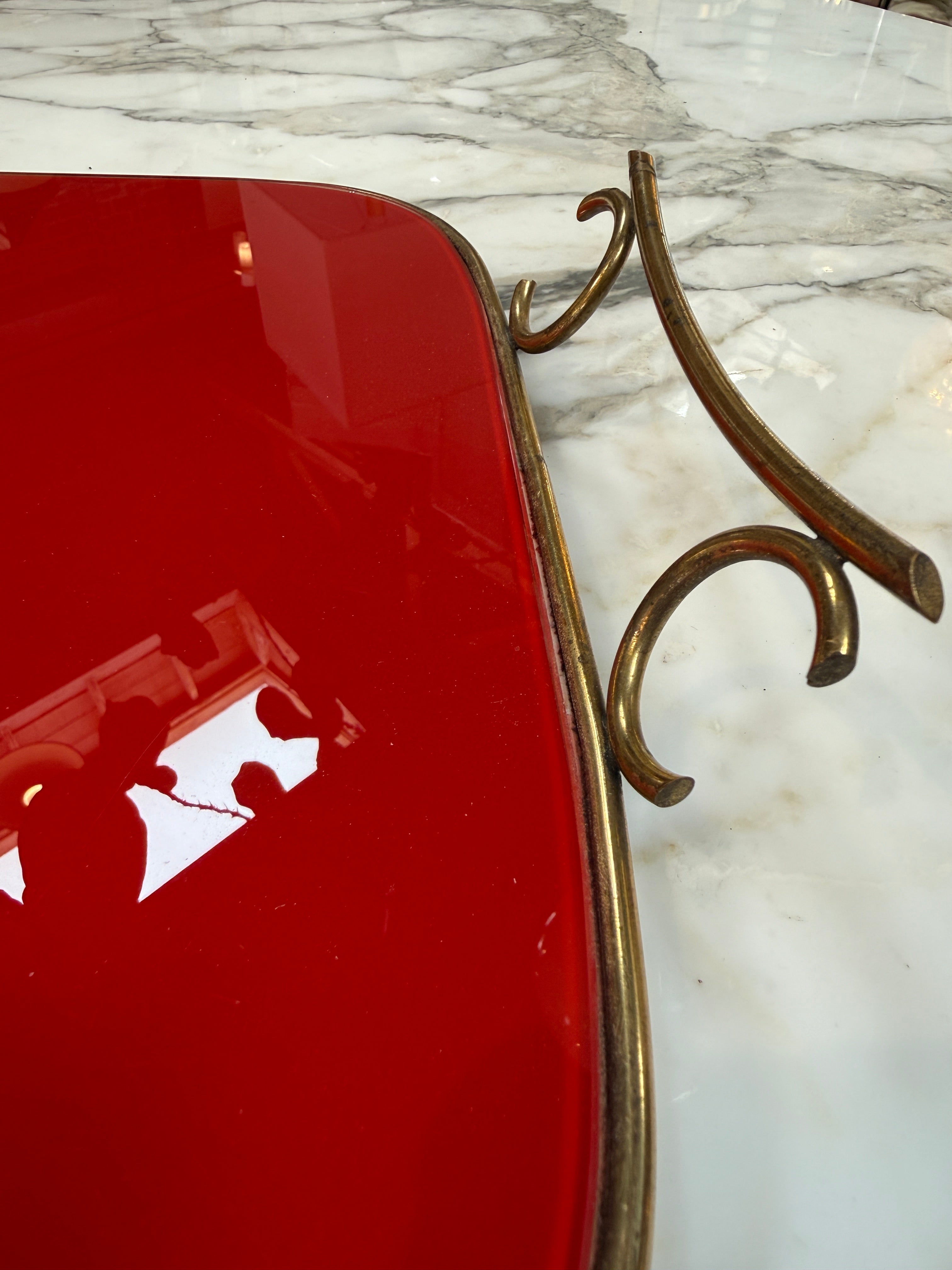 Arlecchino Milano Red Serving Tray with Brass Handles