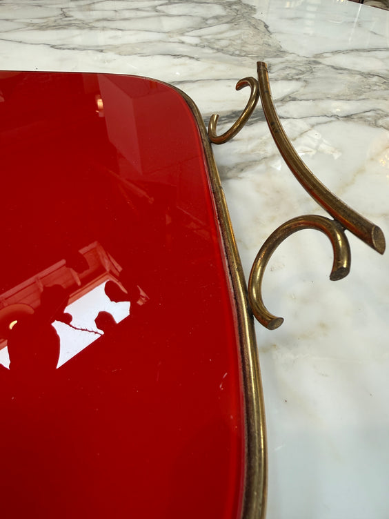 Arlecchino Milano Red Serving Tray with Brass Handles