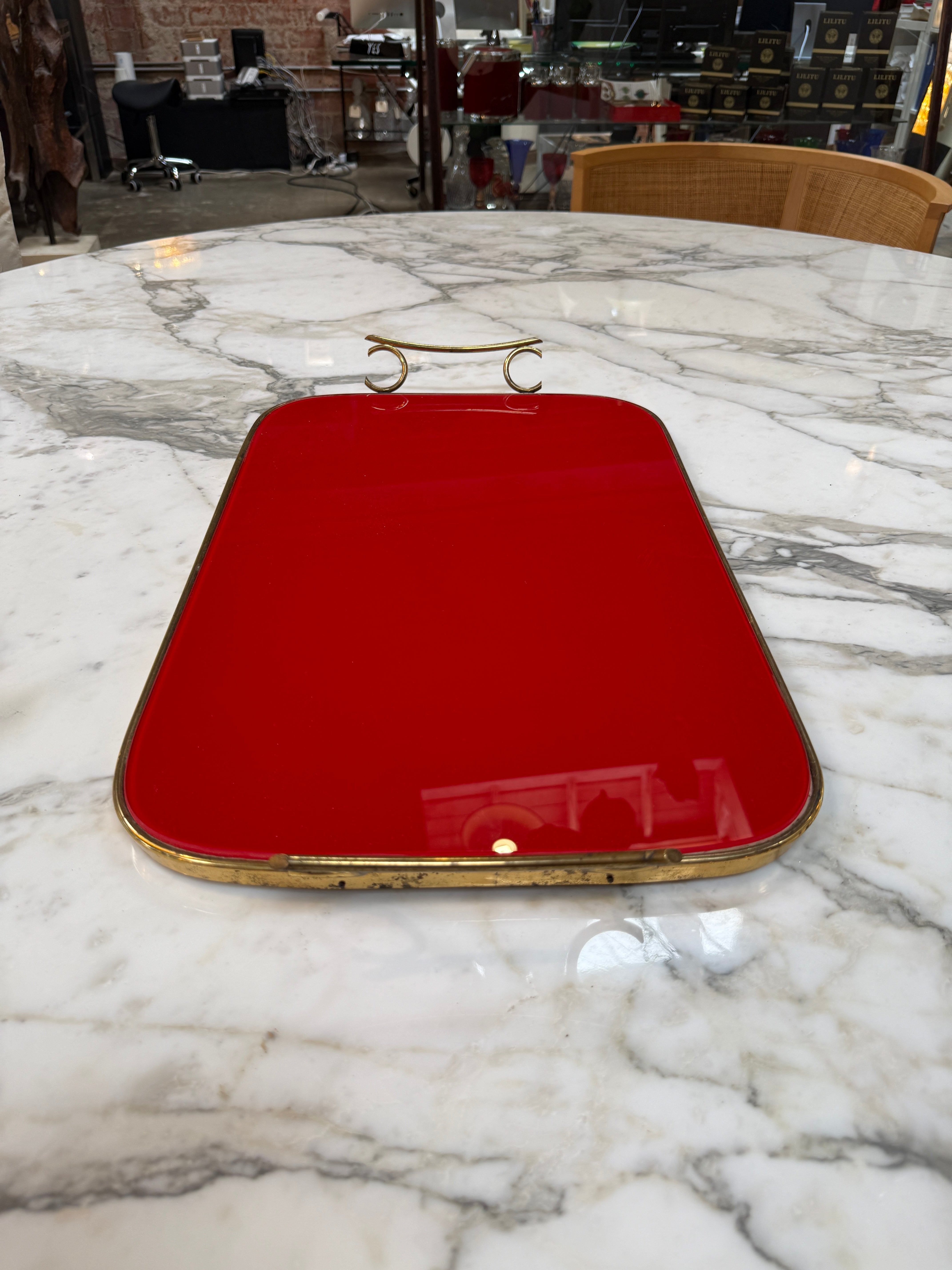 Arlecchino Milano Red Serving Tray with Brass Handles