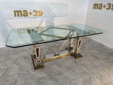 Mid-Century Modern Sculpted Metal And Marble Dining Table with Glass Top 1970