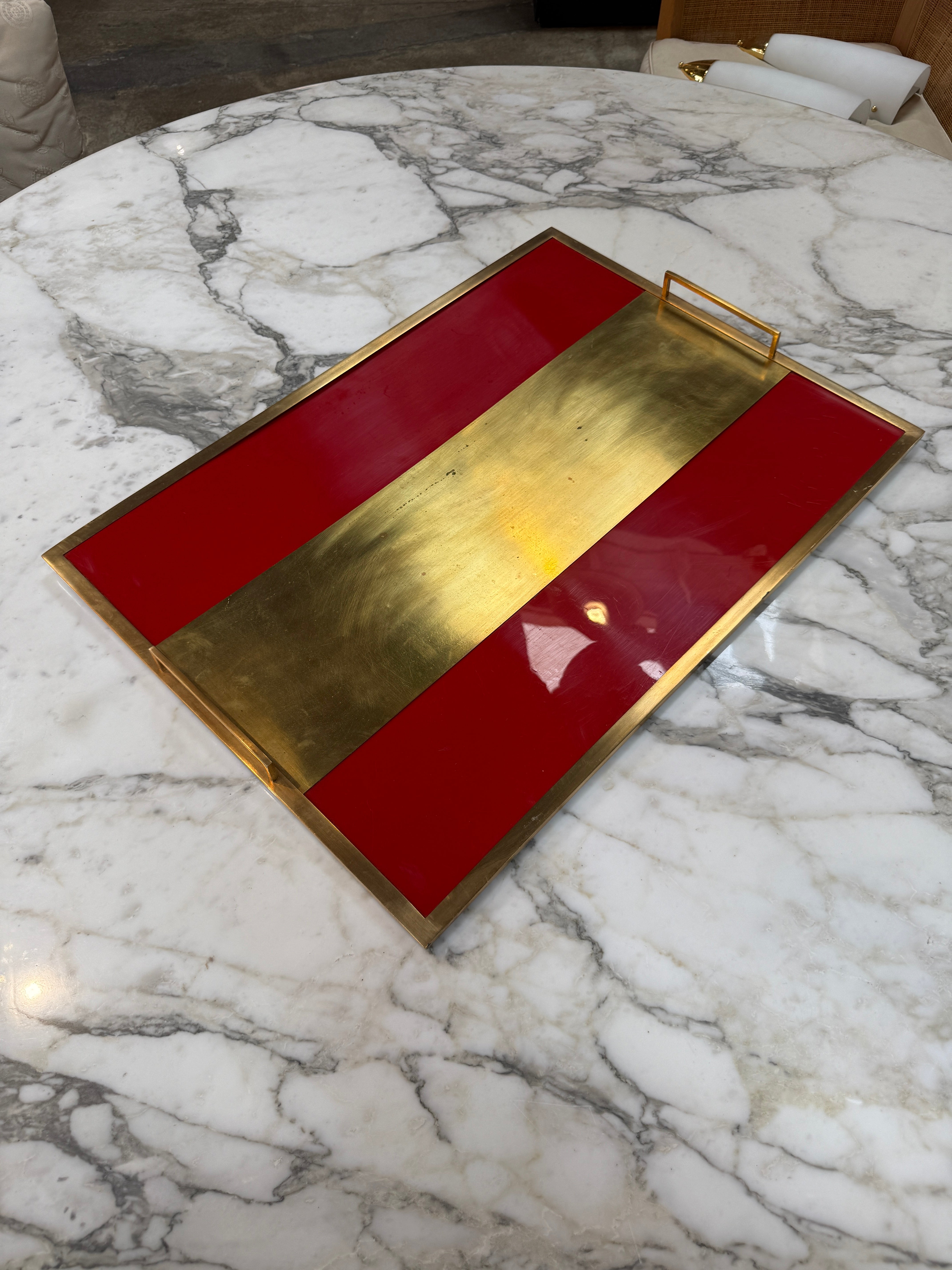 Vintage Red Lacquer & Brass Serving Tray with Handle