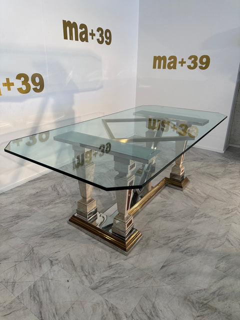 Mid-Century Modern Sculpted Metal And Marble Dining Table with Glass Top 1970