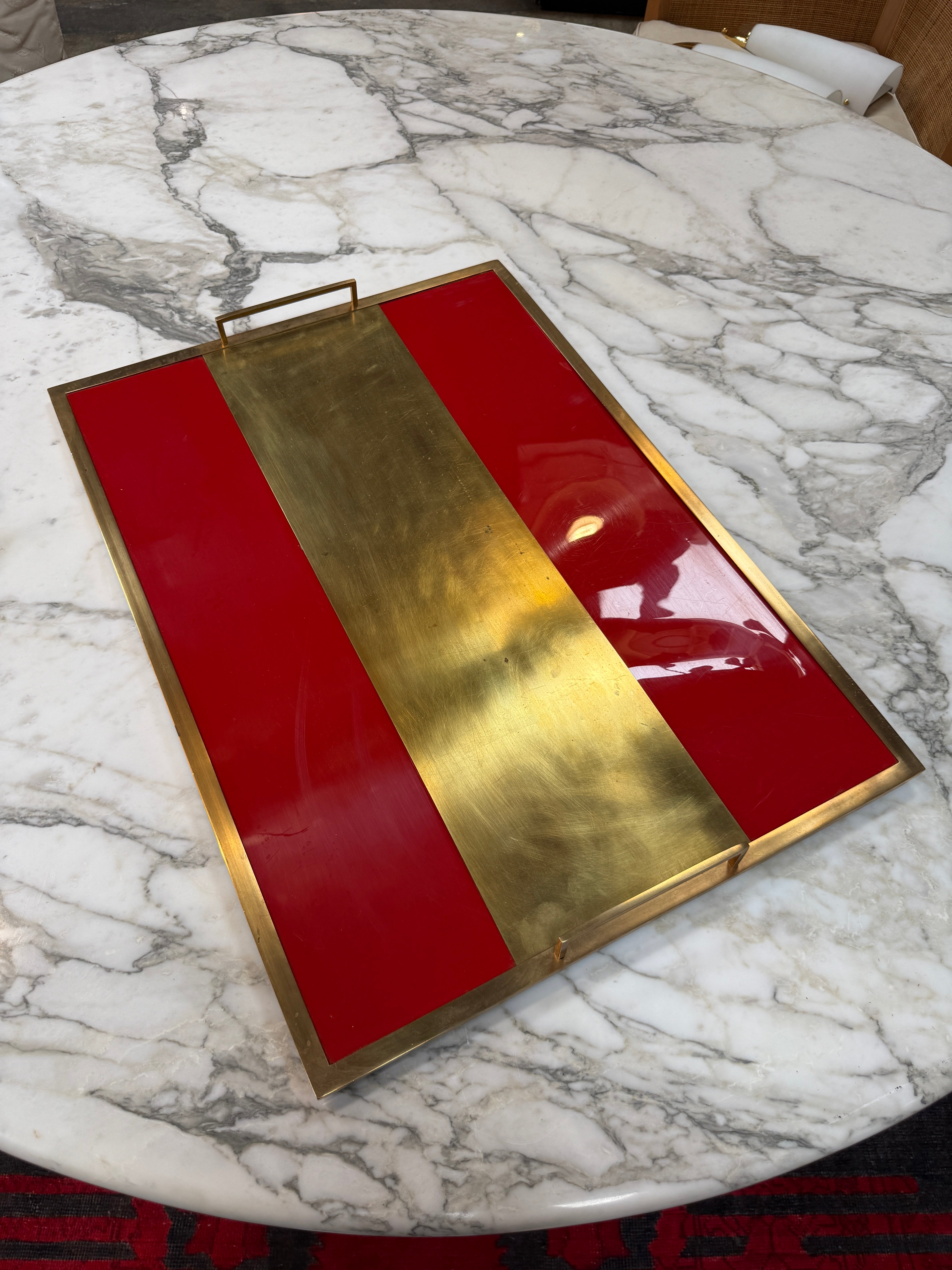 Vintage Red Lacquer & Brass Serving Tray with Handle