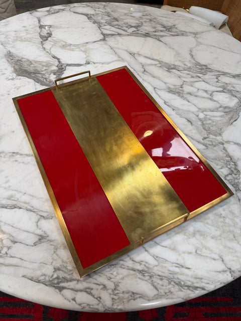 Vintage Red Lacquer & Brass Serving Tray with Handle