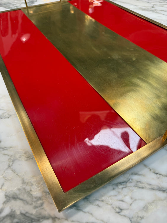 Vintage Red Lacquer & Brass Serving Tray with Handle