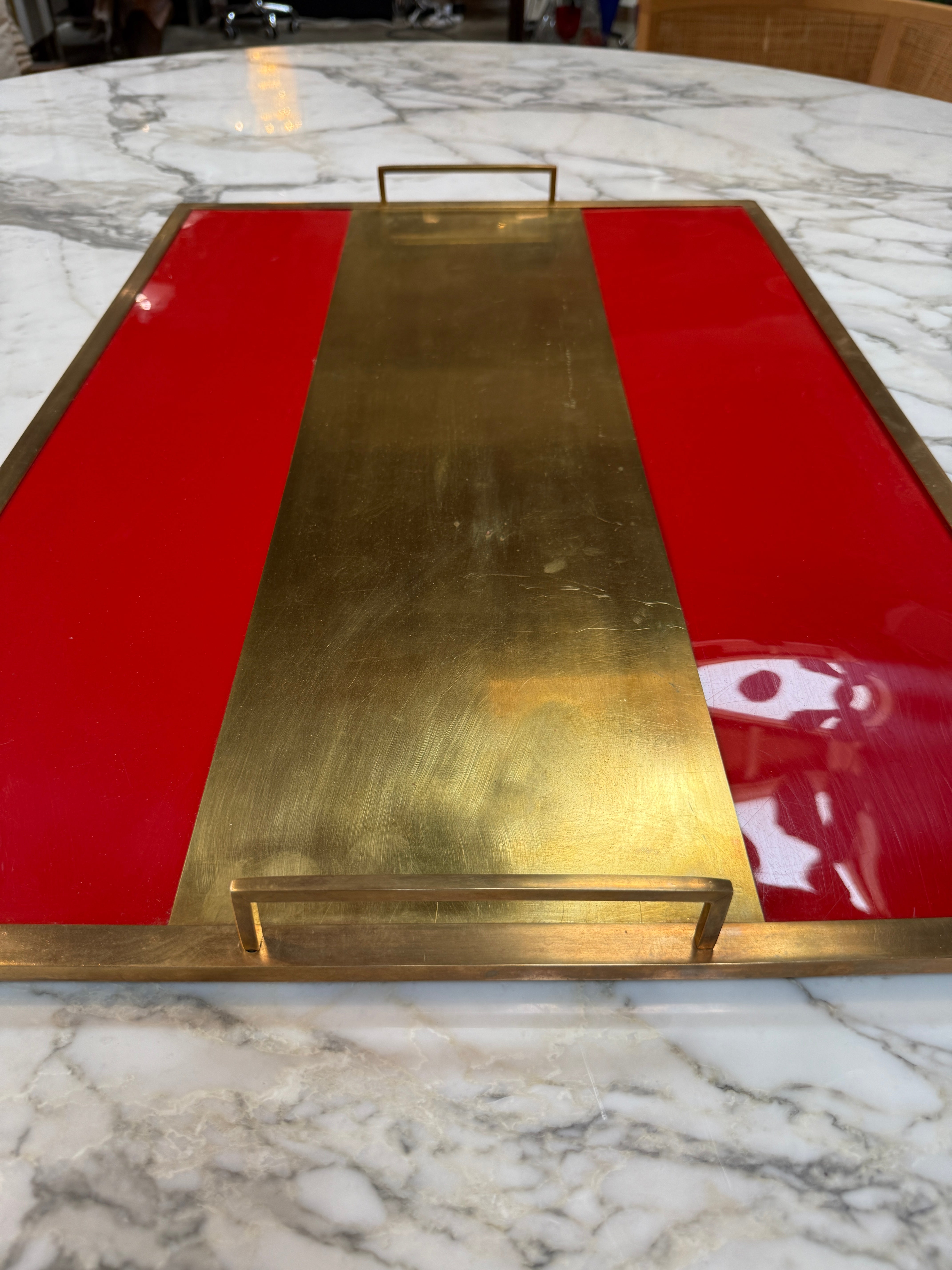 Vintage Red Lacquer & Brass Serving Tray with Handle