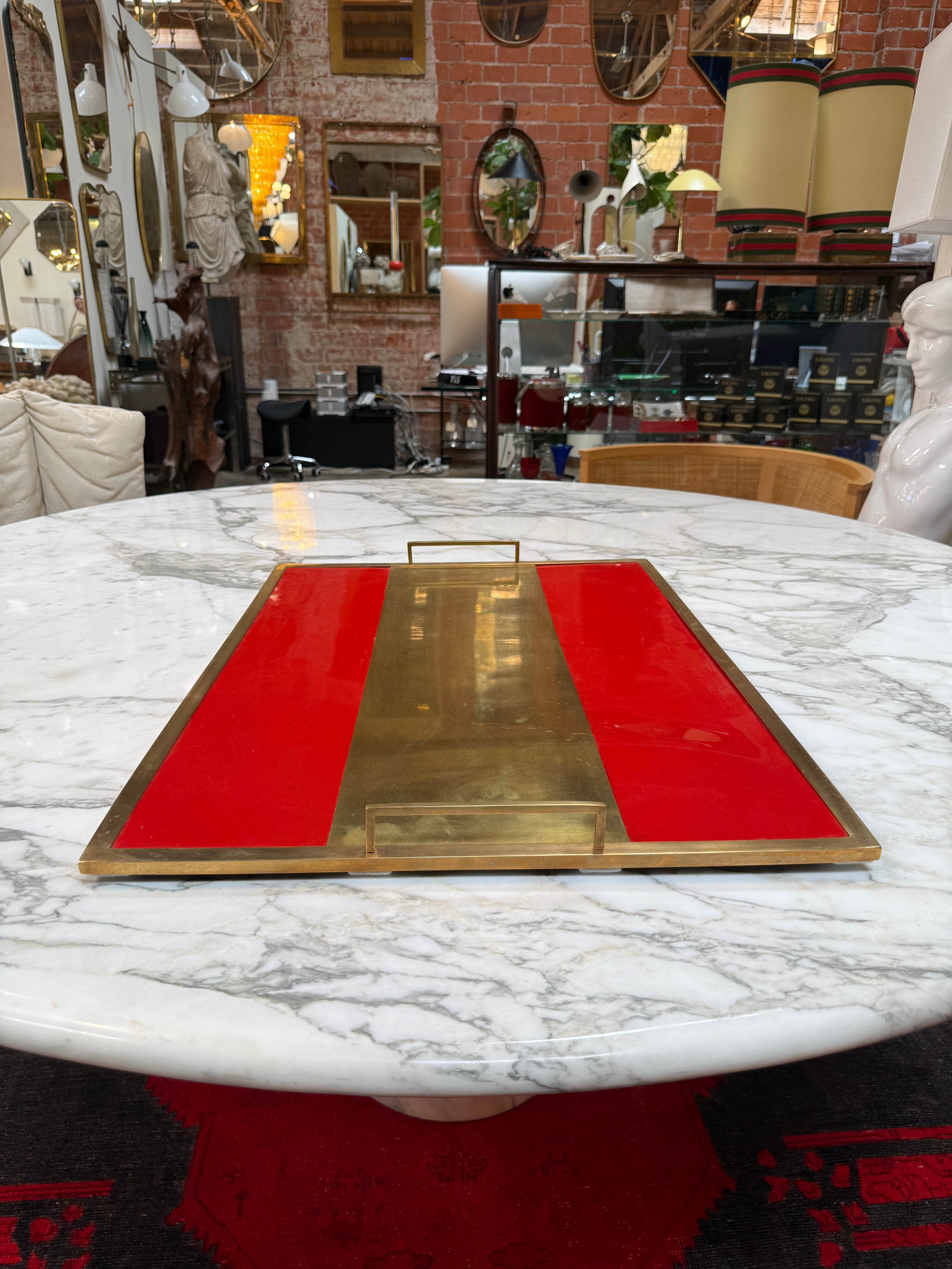 Vintage Red Lacquer & Brass Serving Tray with Handle