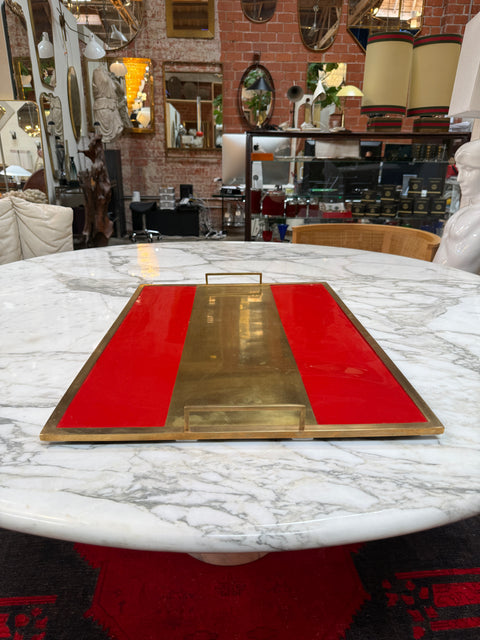 Vintage Red Lacquer & Brass Serving Tray with Handle