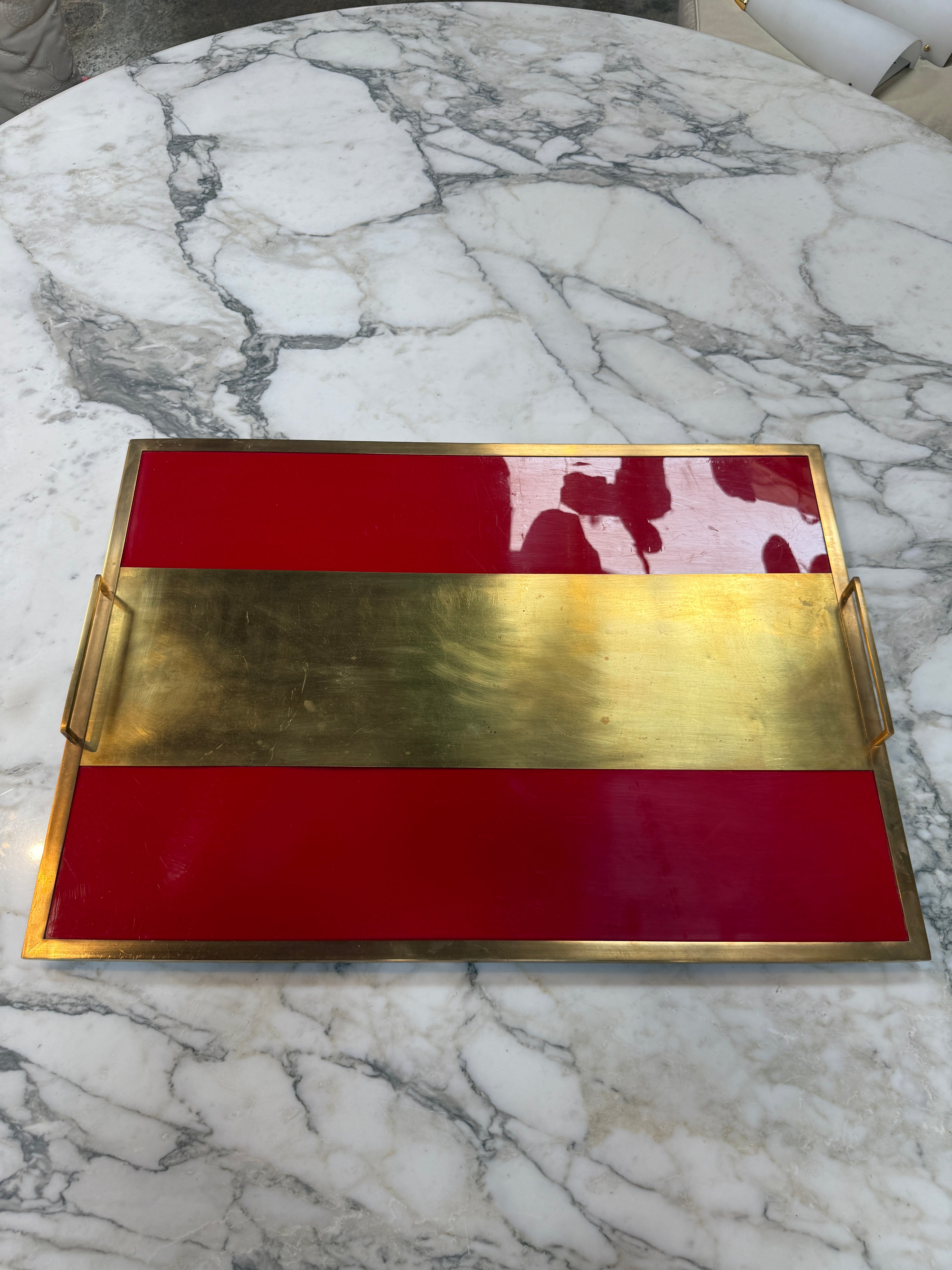 Vintage Red Lacquer & Brass Serving Tray with Handle