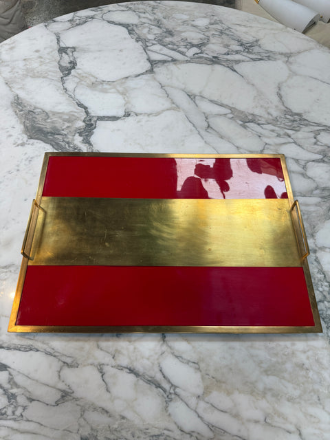 Vintage Red Lacquer & Brass Serving Tray with Handle