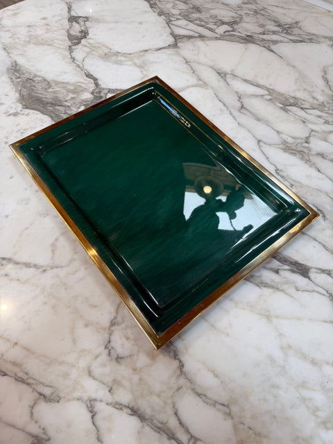 Vintage Brass & Emerald Green Lacquer Serving Tray