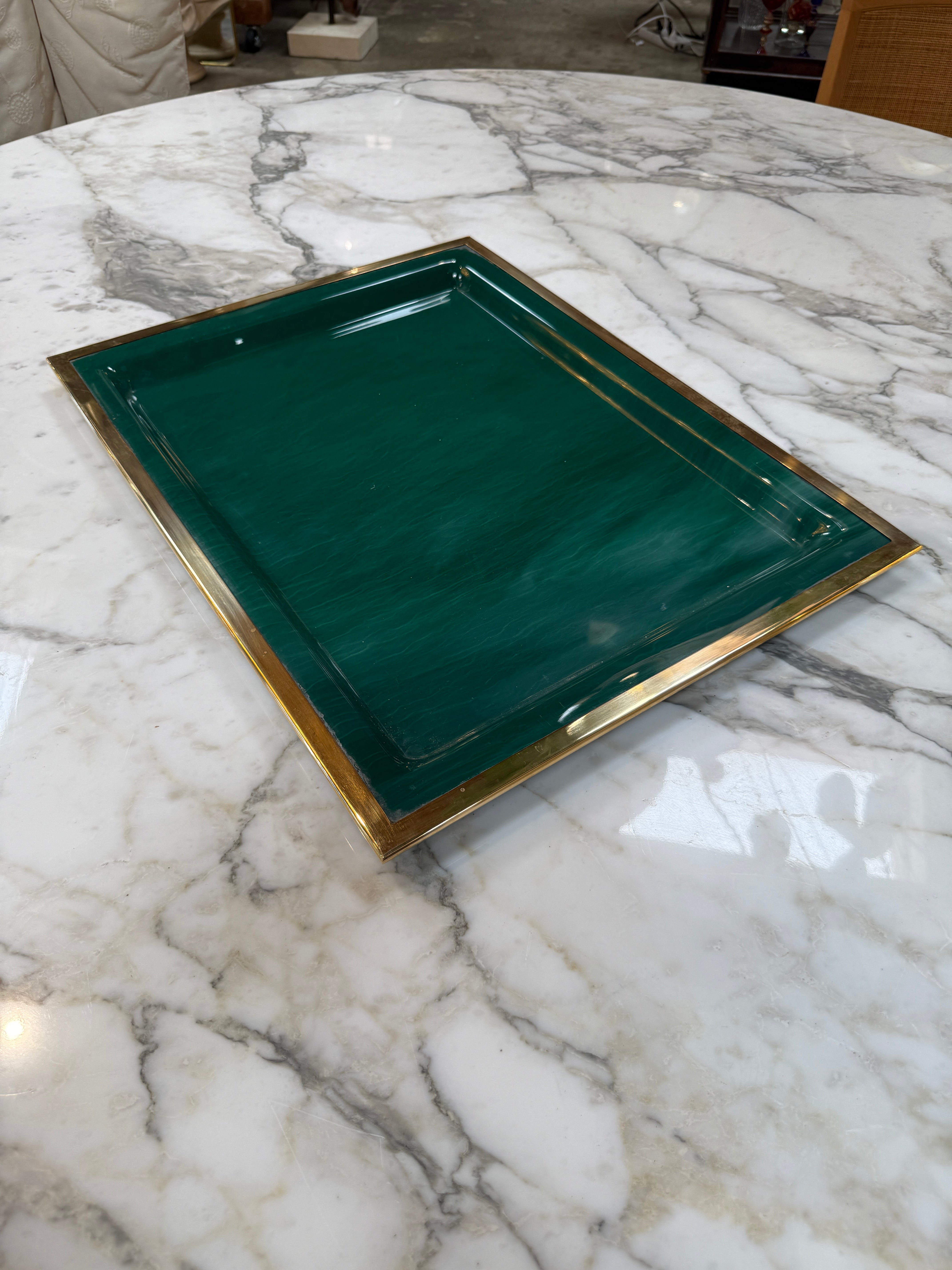 Vintage Brass & Emerald Green Lacquer Serving Tray