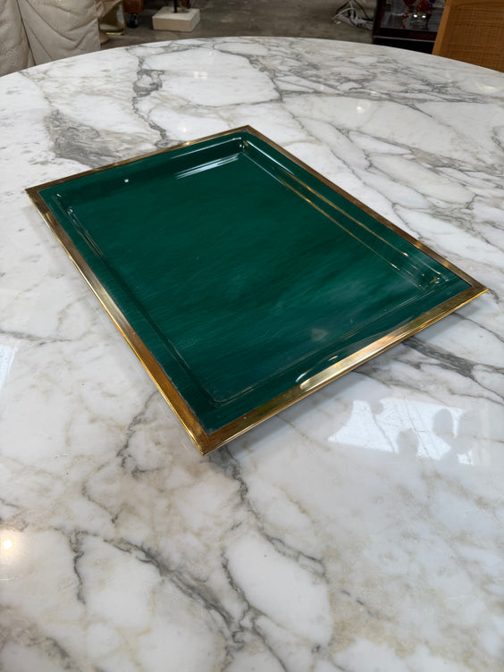 Vintage Brass & Emerald Green Lacquer Serving Tray
