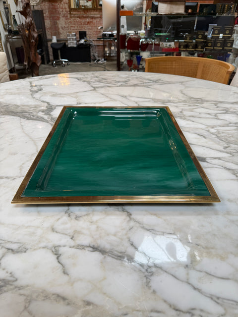 Vintage Brass & Emerald Green Lacquer Serving Tray
