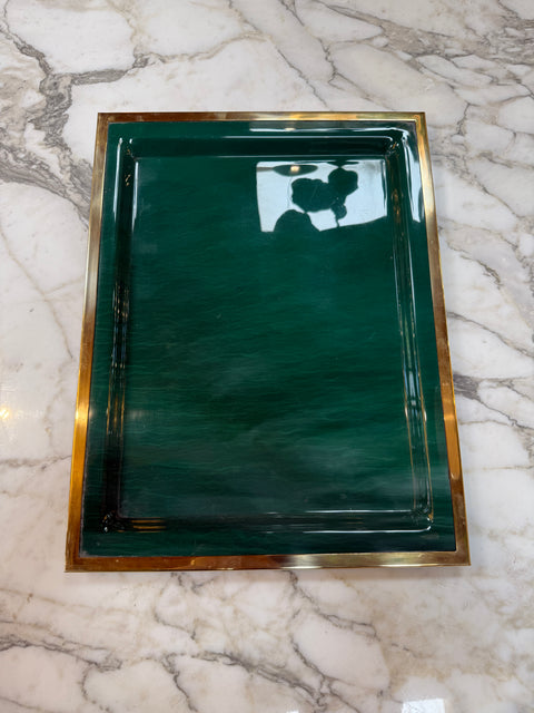 Vintage Brass & Emerald Green Lacquer Serving Tray