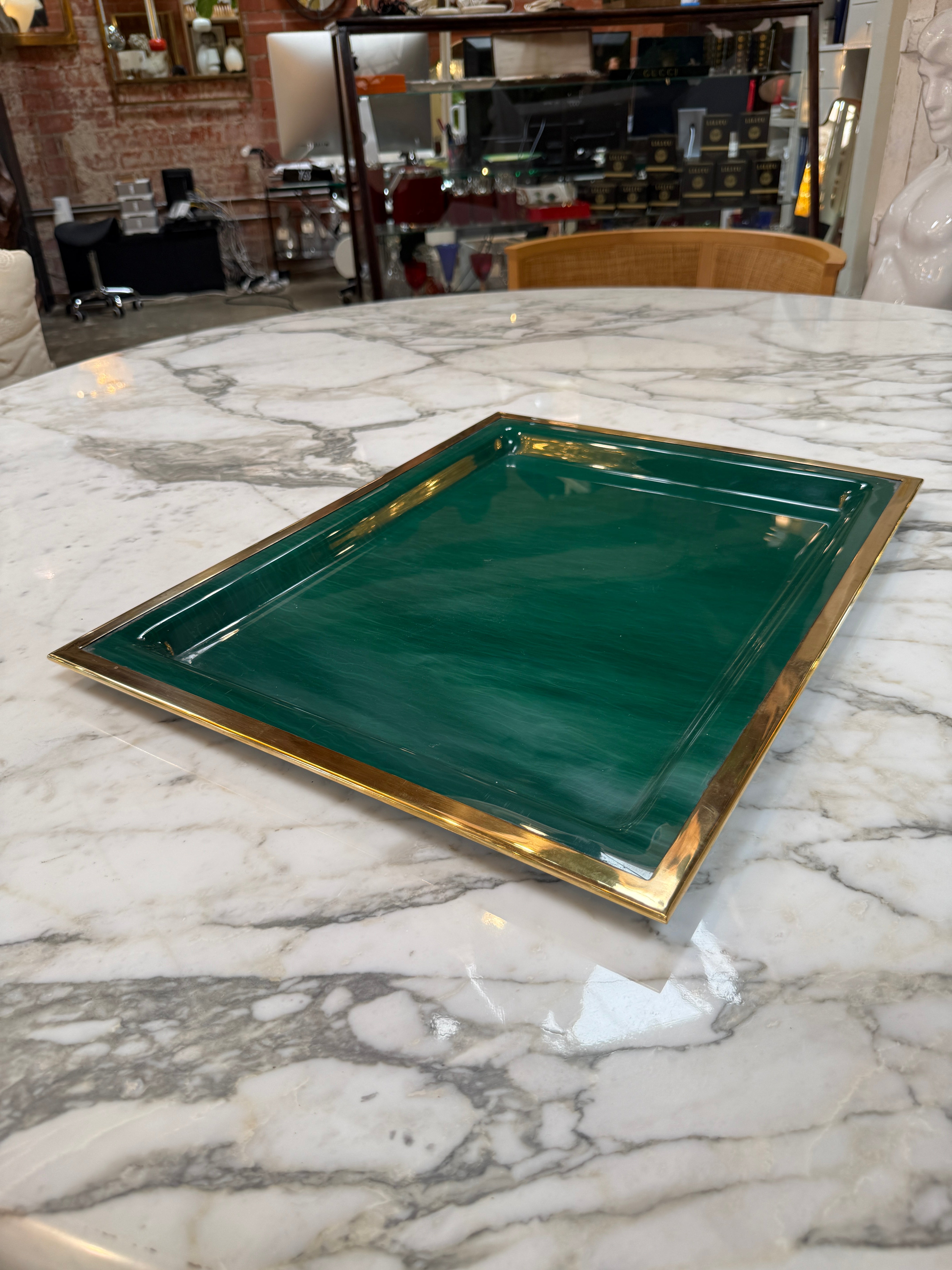 Vintage Brass & Emerald Green Lacquer Serving Tray