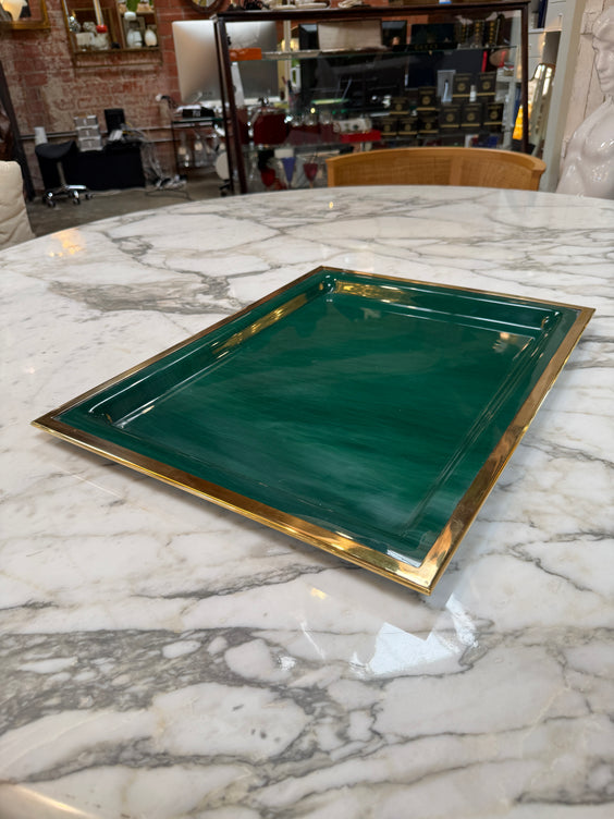 Vintage Brass & Emerald Green Lacquer Serving Tray