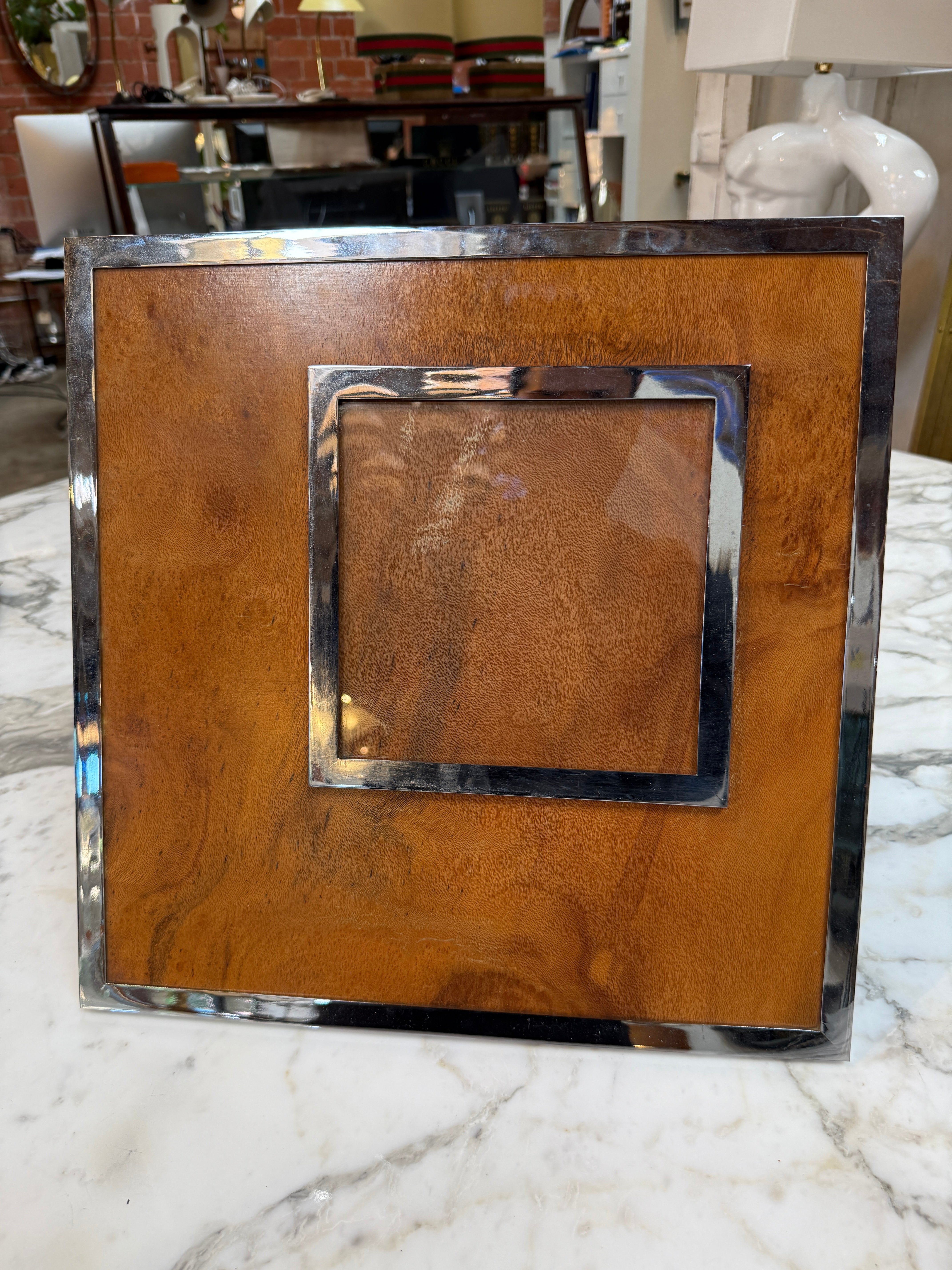 Felice Antonio Botta Signed Burl Wood & Chrome Picture Frame, Italy 1973