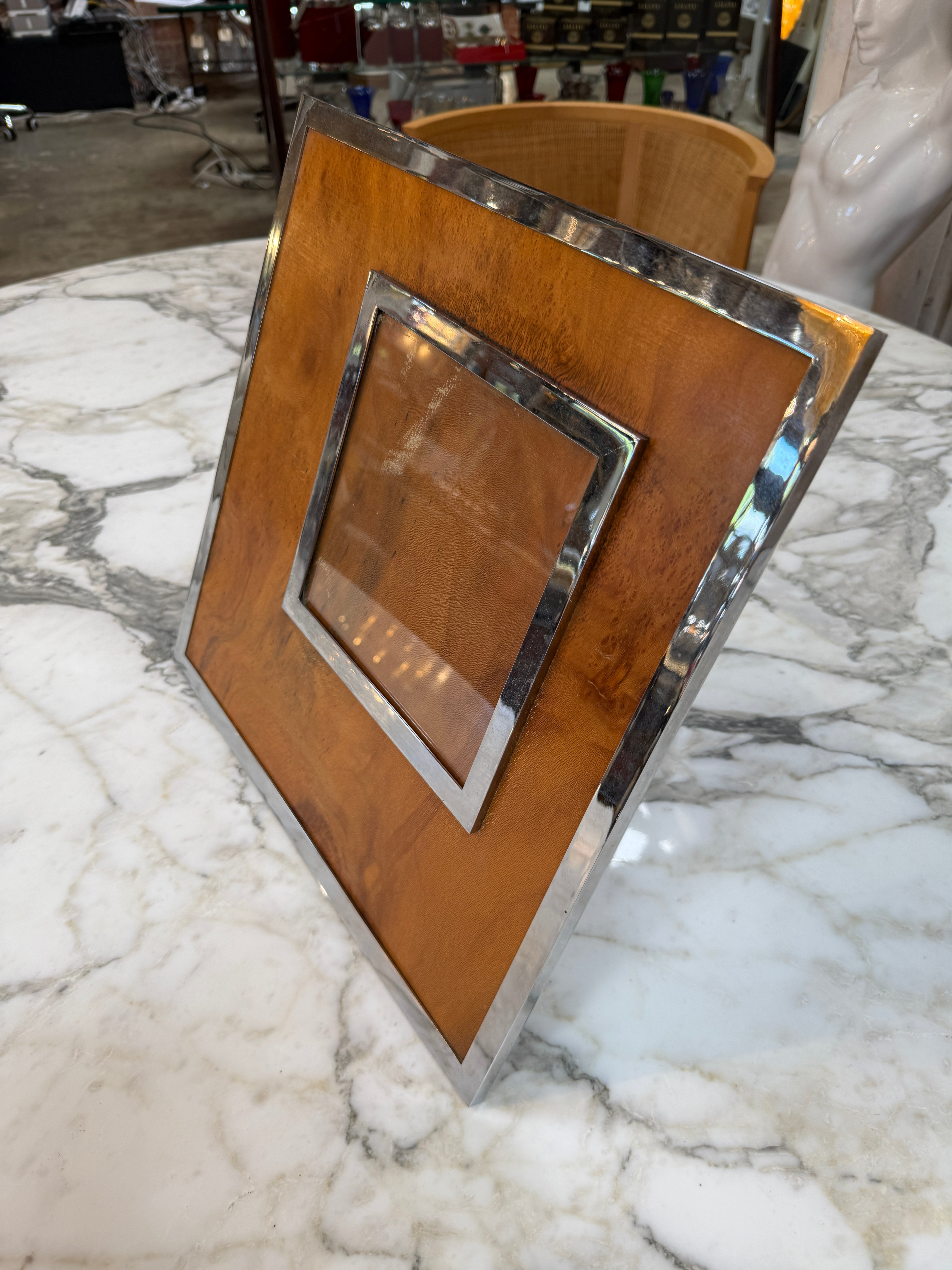 Felice Antonio Botta Signed Burl Wood & Chrome Picture Frame, Italy 1973
