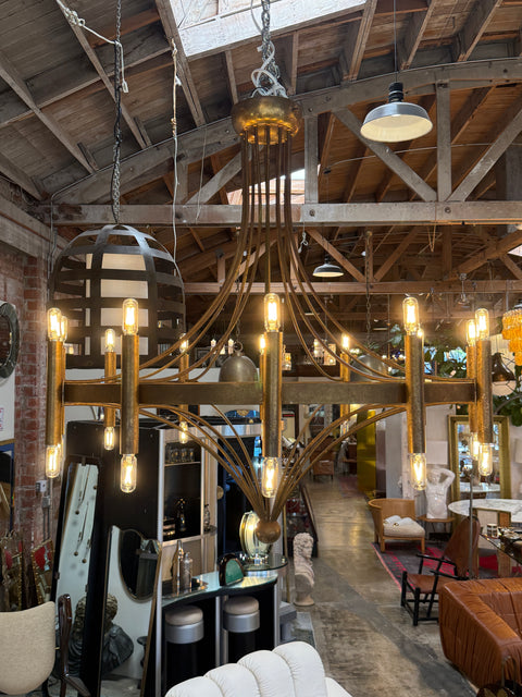 Italian Twelve-Light Bronze Chandelier, Mid-Century Modern, circa 1970s