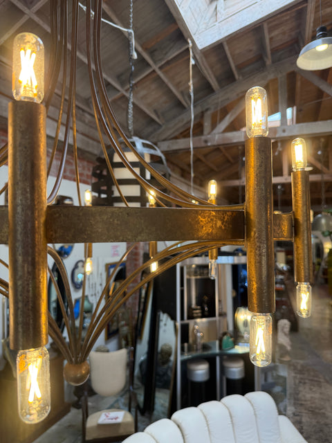 Italian Twelve-Light Bronze Chandelier, Mid-Century Modern, circa 1970s